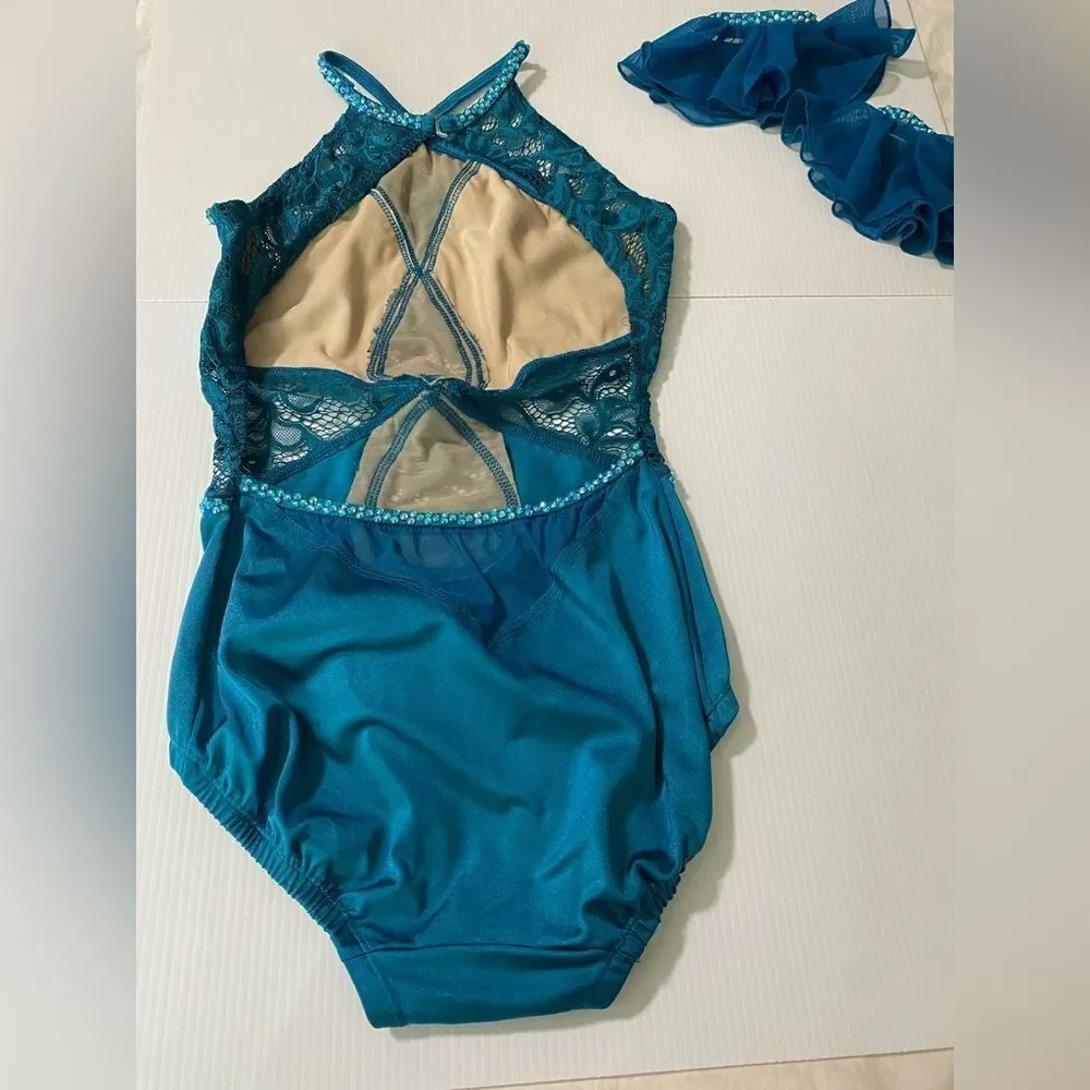 Competition Custom solo contemporary Dance Costume teal illusion SA Small adult
